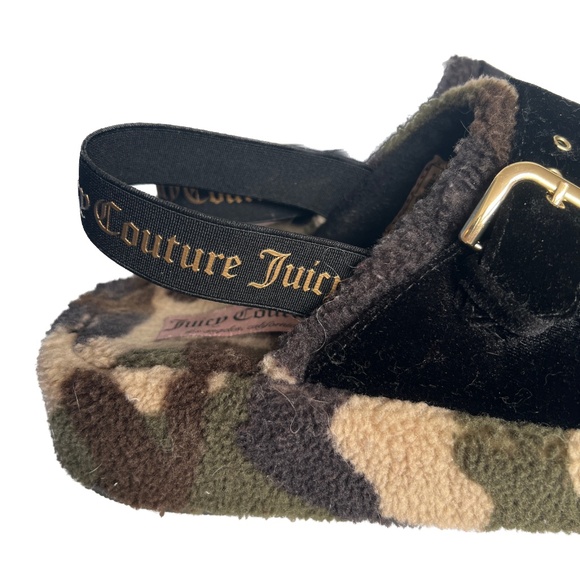 Juicy Couture Griffin Slide Sandals Black Velvet Camo Green Ankle Strap Size 10 - Picture 6 of 10